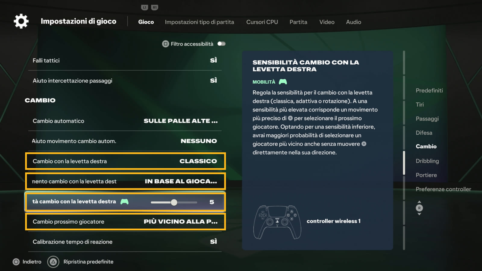 Impostazioni di gioco, sezione Cambio: le quattro voci da cambiare